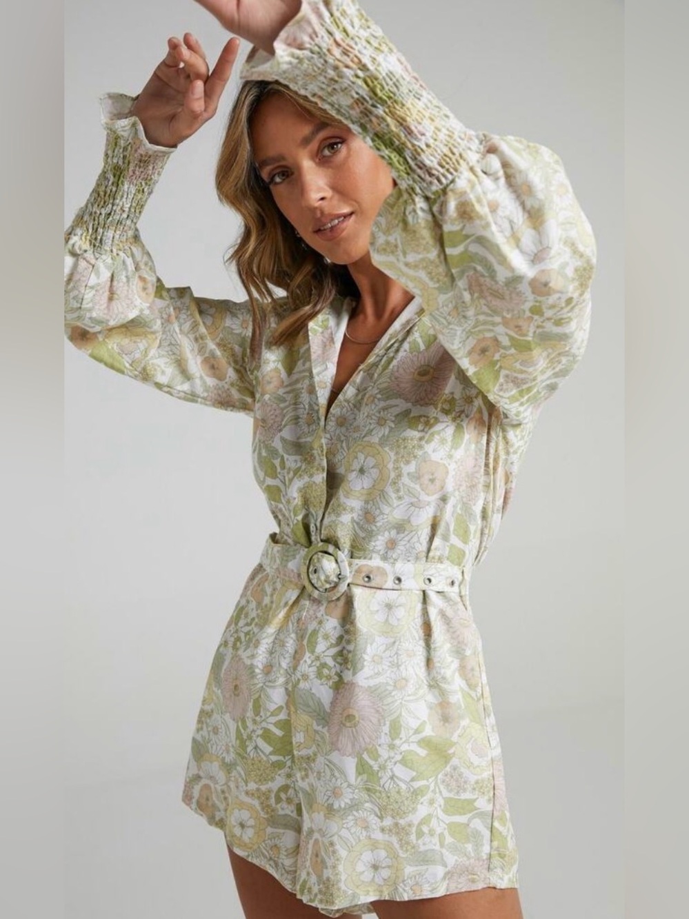 Charlie Holiday Linen Floral Retro Long Sleeve Romper sz 10 (01)